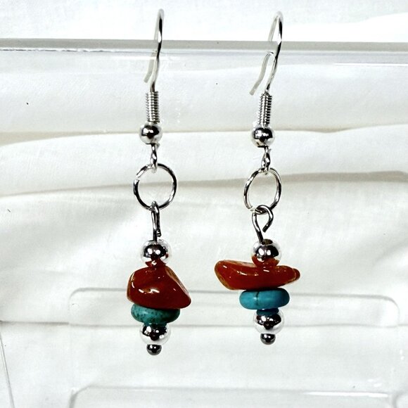 REIMAGINED Carnelian & Blue Howlite Beaded Earrings on Sterling Silver Hooks - Picture 1 of 8